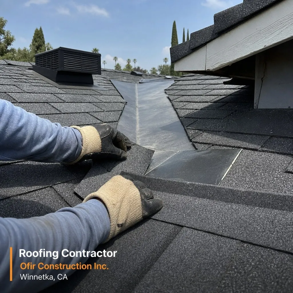 Residential roof replacement in progress in Winnetka, CA